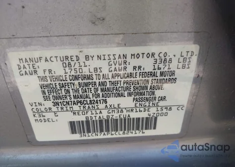 2012 Nissan Versa 1.6 Sv from USA, damaged, VIN 3N1CN7AP6CL824176
